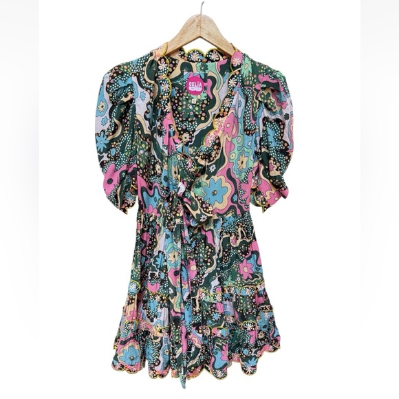 CeliaB Hortensia Mini Short Puff Sleeve Floral Belted Dress Sz XS - Picture 5 of 9